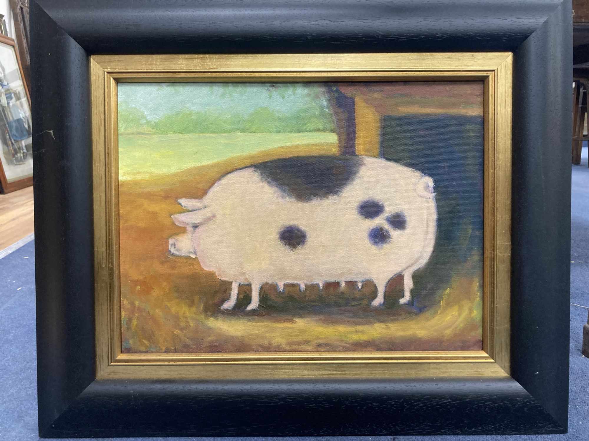 Gill Speirs, oil on canvas, Naive study of a sow, signed and dated 2017 verso, 29 x 39cm